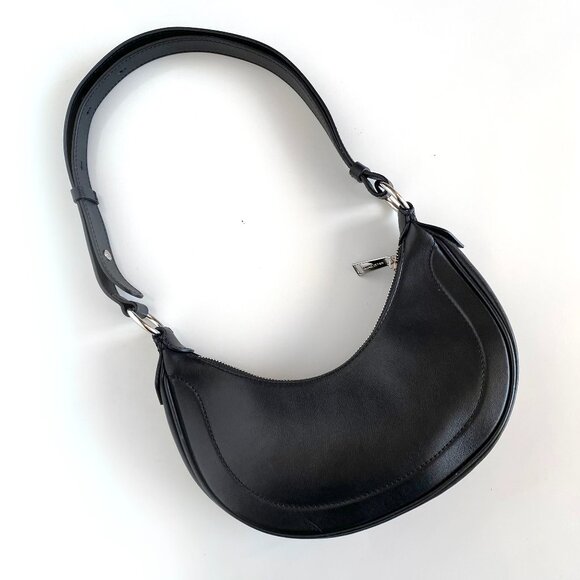 Lancaster Paris Half-moon Black Satchel Bag Smooth Cowhide Leather Made in Italy - Picture 1 of 13